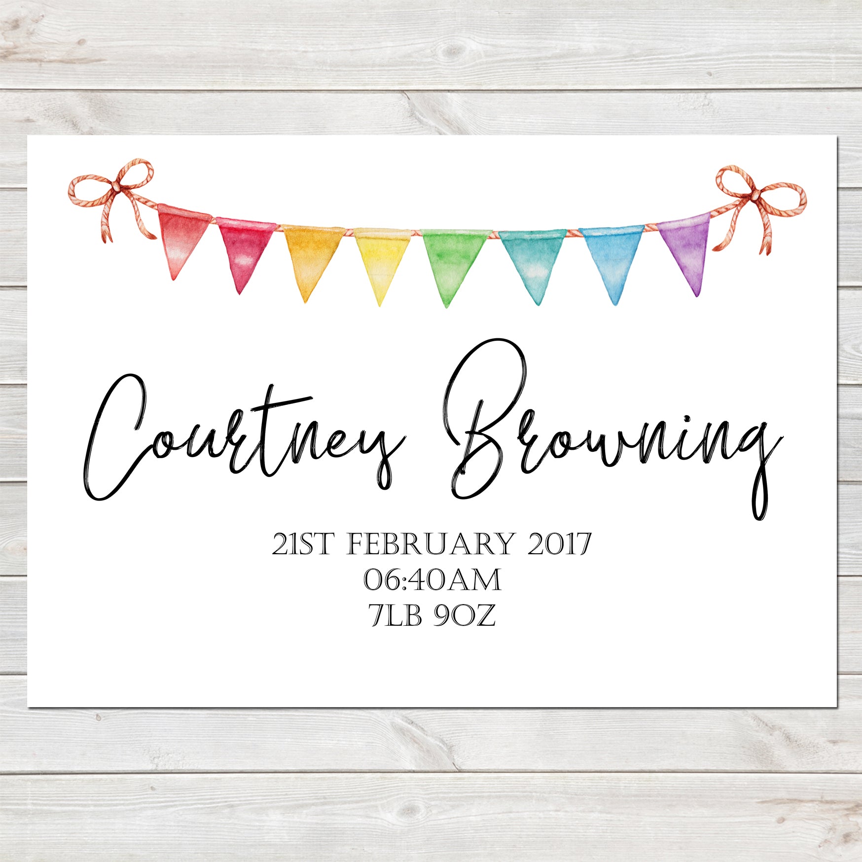 Rainbow Baby Name Reveal with Bunting Illustration Personalised Nursery Print