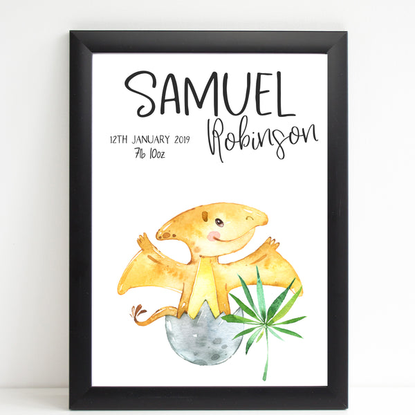 Baby Dinosaur Name Print, Pterodactyl Birth Announcement, Personalised Nursery Gift
