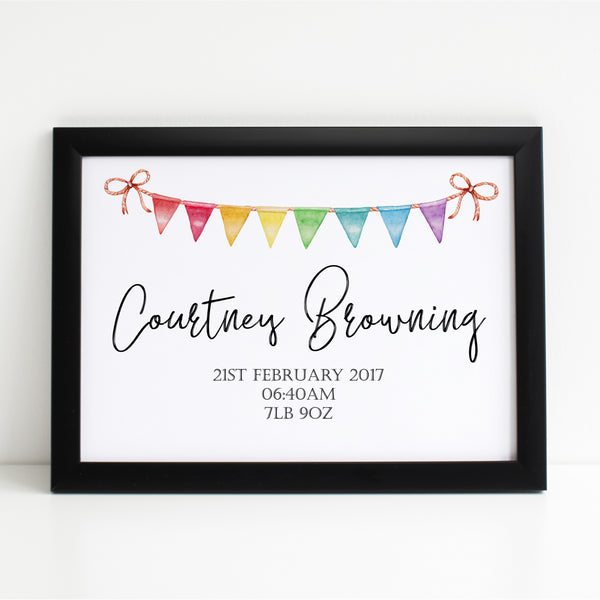 Rainbow Baby Name Reveal with Bunting Illustration Personalised Nursery Print