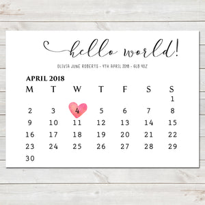 Hello World! Baby Birth Date Announcement / Nursery Bedroom Print Gift Newborn