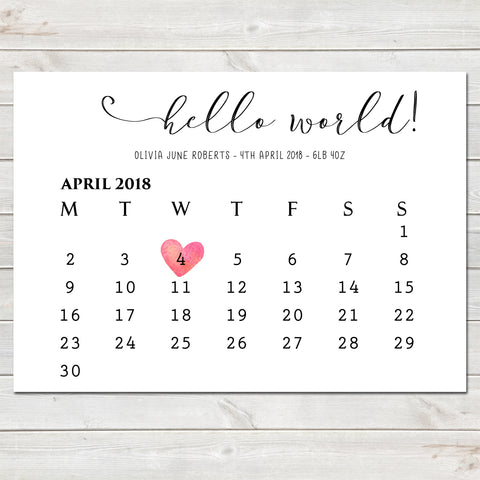 Hello World! Baby Birth Date Announcement / Nursery Bedroom Print Gift Newborn