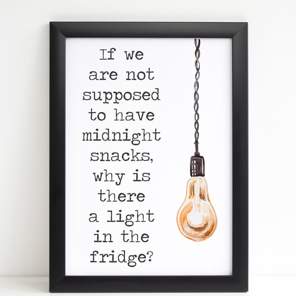 Funny Kitchen Quote, Midnight Snacks Print with Watercolour Illustration