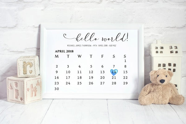 Hello World! Baby Birth Date Announcement / Nursery Bedroom Print Gift Newborn