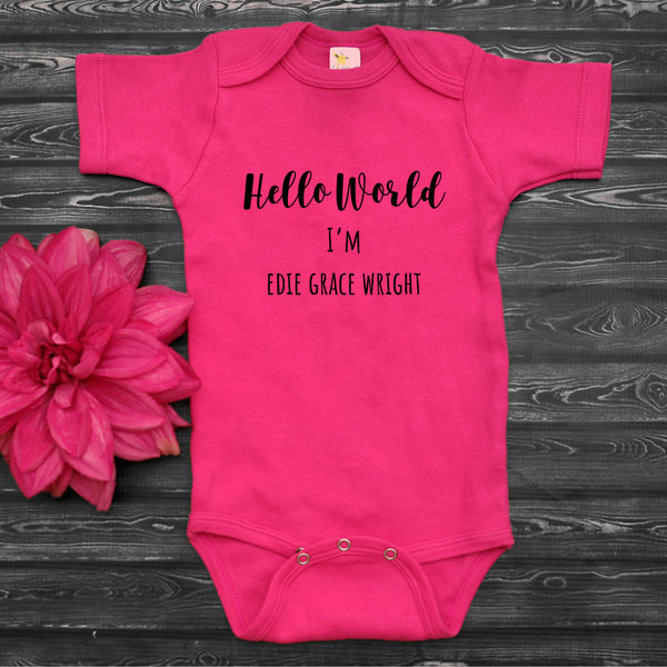 Hello World, Personalised Short Sleeve Baby Bodysuit, Hot Pink Vest