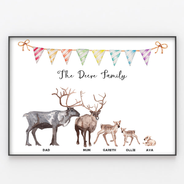Reindeer Family Print, Wall Art Gift for Home, Personalised