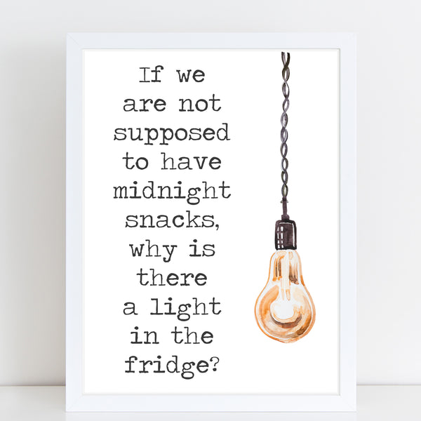 Funny Kitchen Quote, Midnight Snacks Print with Watercolour Illustration