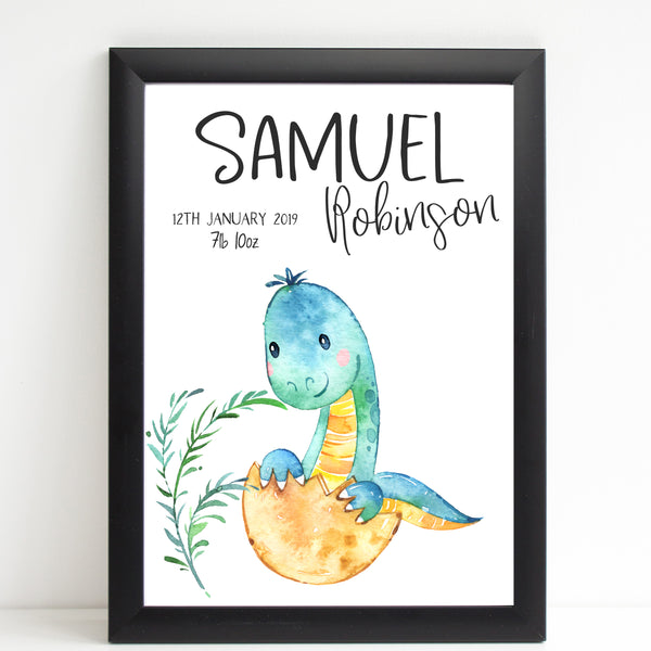 Baby Dinosaur Name Print, Cute Birth Announcement, Personalised Nursery Gift