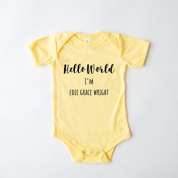 Hello World, Personalised Short Sleeve Baby Bodysuit, Pastel Yellow Vest