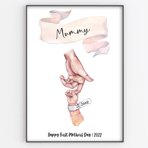 Mother and Baby Hands with Hospital Tag Newborn Sentimental, Mothers Day Print