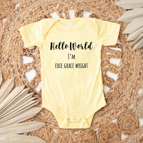 Hello World, Personalised Short Sleeve Baby Bodysuit, Pastel Yellow Vest