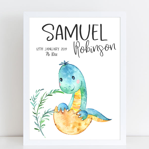 Baby Dinosaur Name Print, Cute Birth Announcement, Personalised Nursery Gift