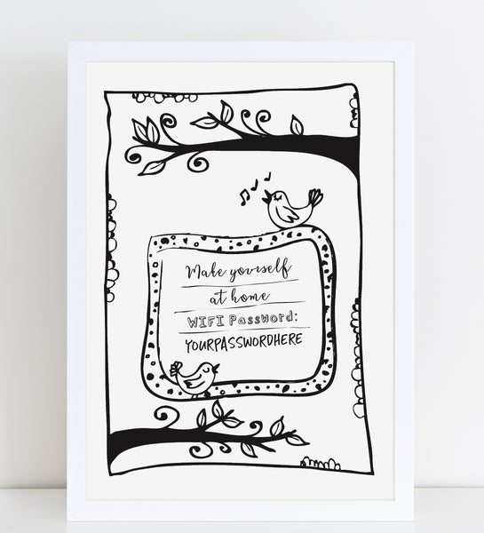 Wifi Password Poster, Make Yourself at Home, Bird Illustration Print
