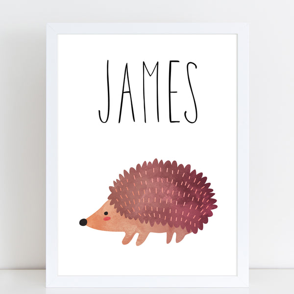 Hedgehog Children's Poster, Personalised White Nursery Print