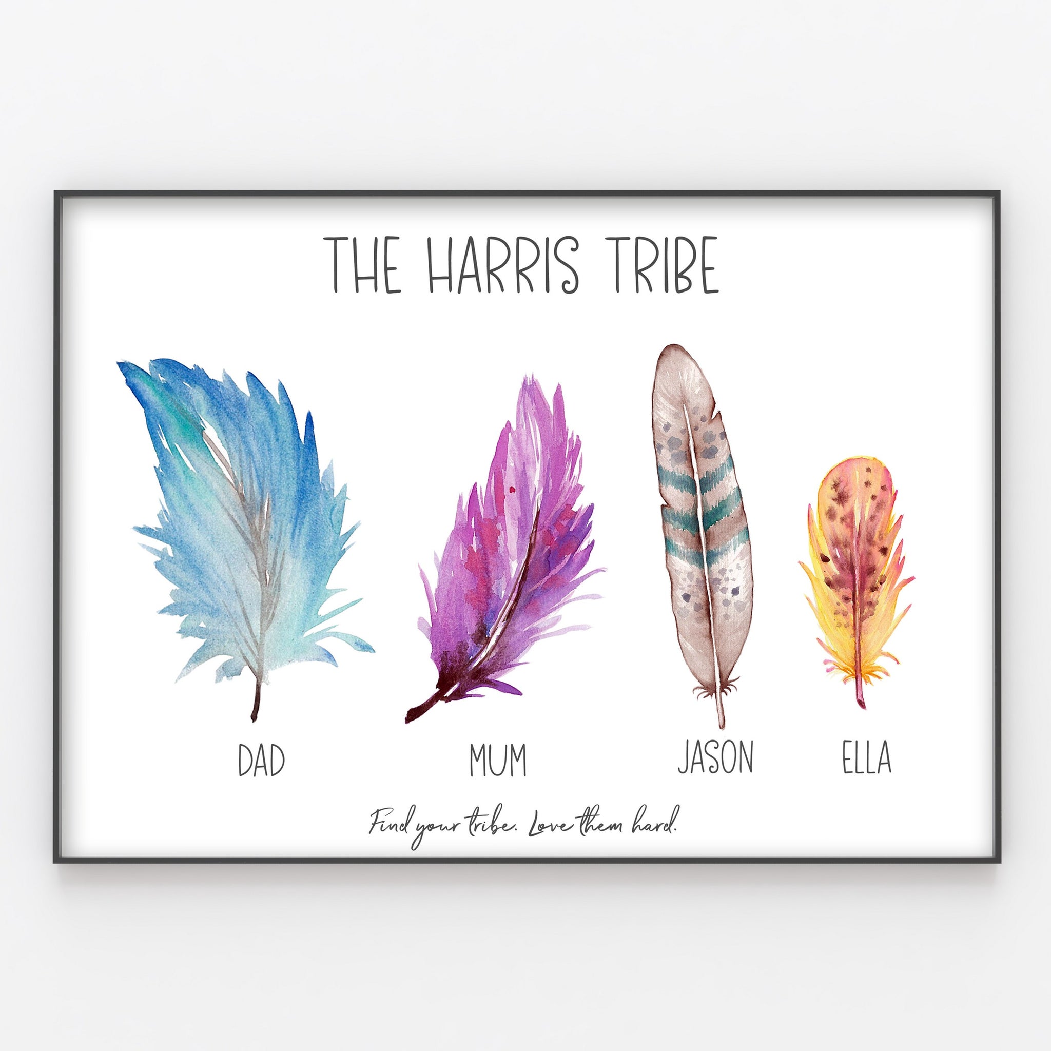 Tribal Feathers Family Tribe Print, Custom Quote, Personalised Wall Art Gift