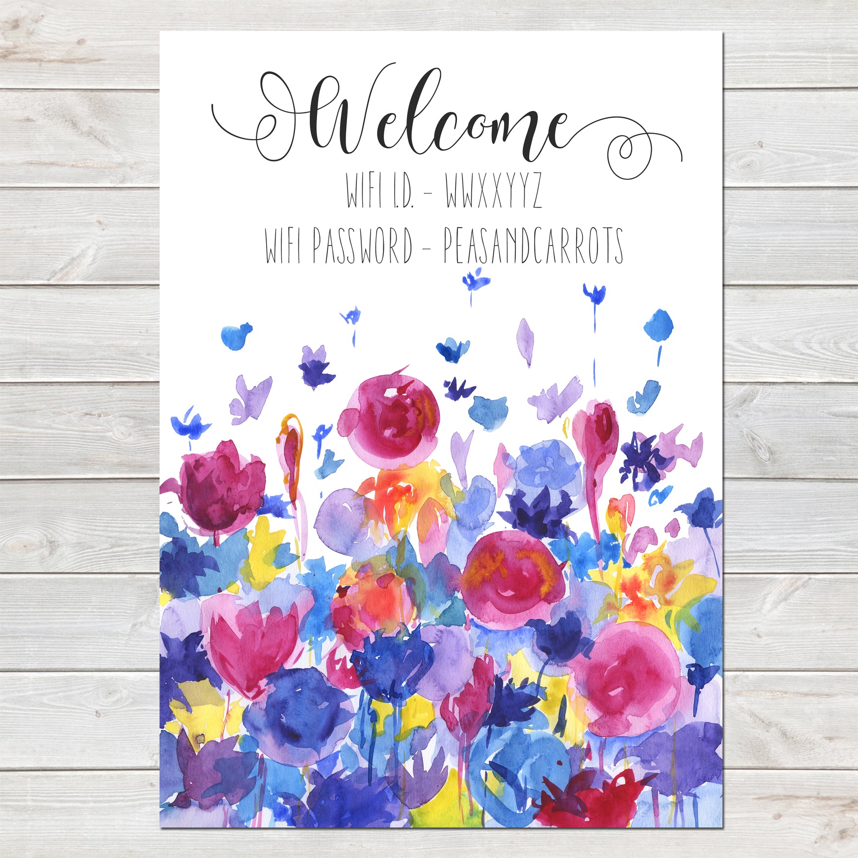 Wifi Password Poster, Welcome Print with Beautiful Watercolour Flowers