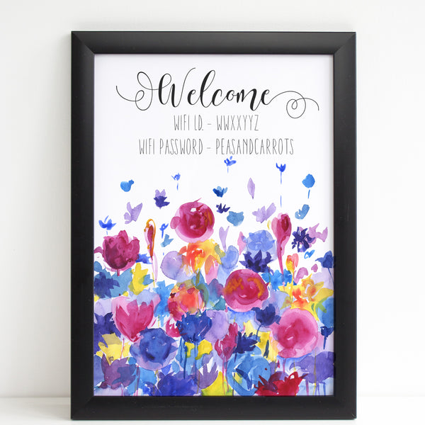 Wifi Password Poster, Welcome Print with Beautiful Watercolour Flowers