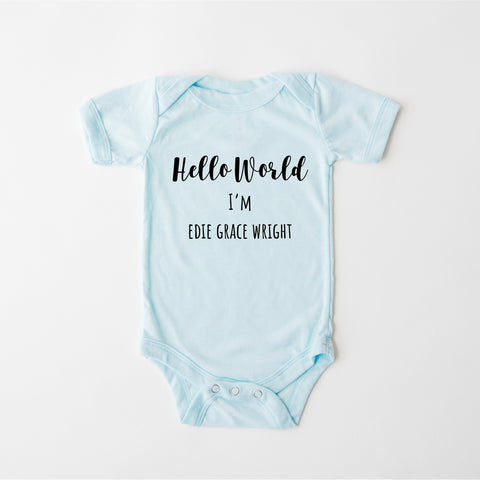 Hello World, Personalised, Short Sleeve, Baby Bodysuit, Baby Blue Vest