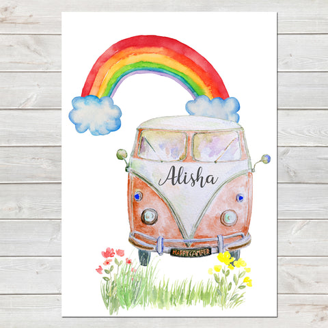 Personalised Campervan Print, Nursery Gift, Bedroom Poster with Rainbow