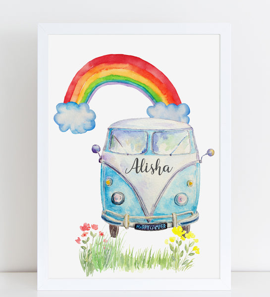 Personalised Campervan Print, Nursery Gift, Bedroom Poster with Rainbow
