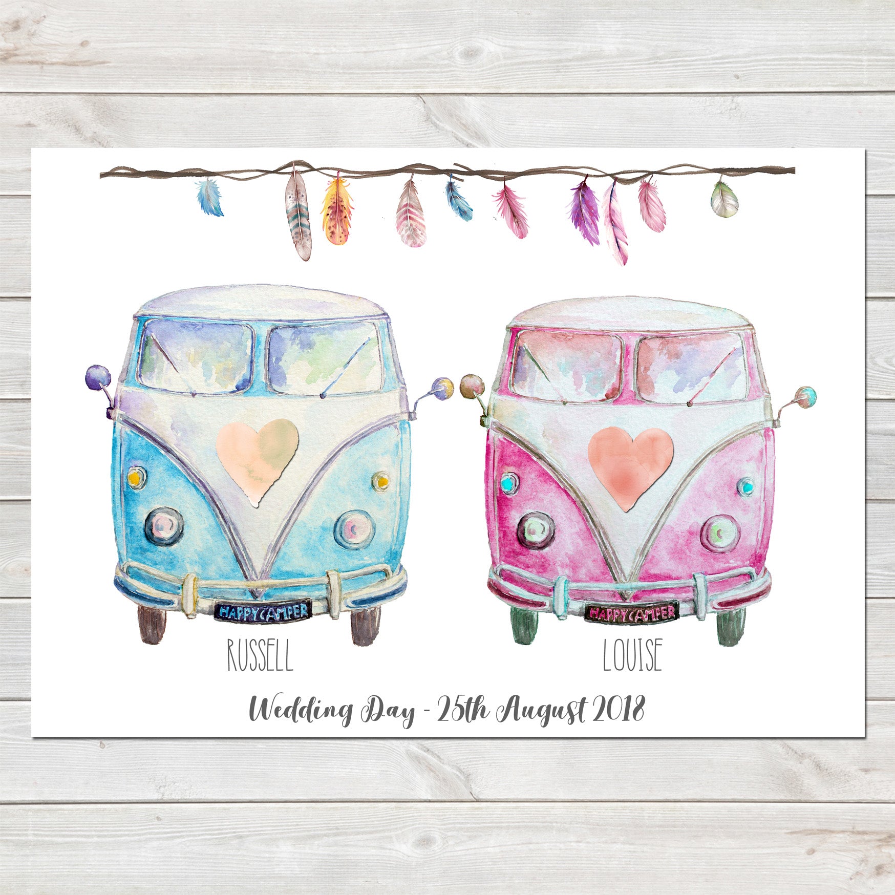 Personalised Campervans, Tribal Feathers Print, Wedding/Valentines Gift, Home Decor