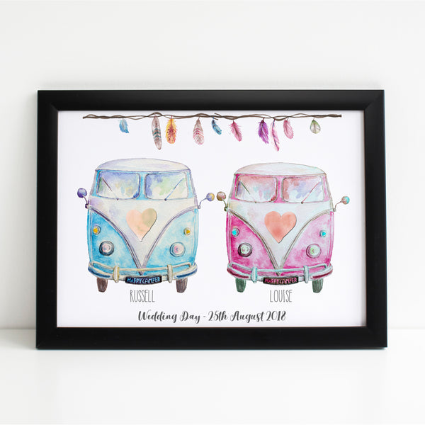 Personalised Campervans, Tribal Feathers Print, Wedding/Valentines Gift, Home Decor