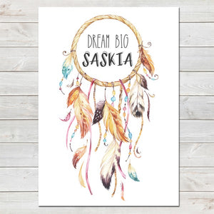 Personalised Dream Big Name Print, Boho Style Dreamcatcher Illustration Nursery Decor