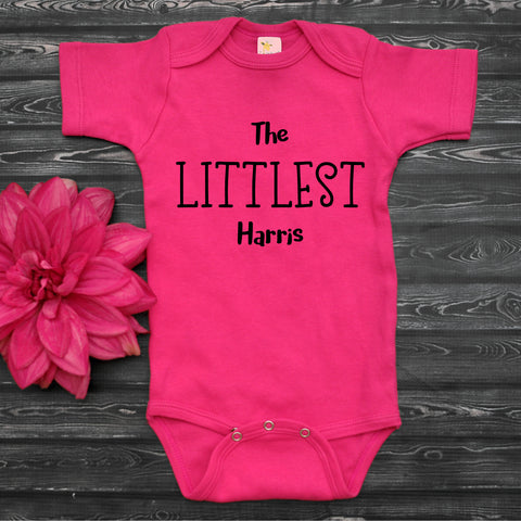 The Littlest, Personalised Family Name Short Sleeve, Baby Bodysuit, Hot Pink Vest