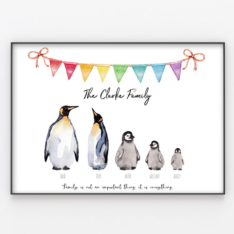 Penguin Family Print Custom Quote, Personalised Wall Art Gift