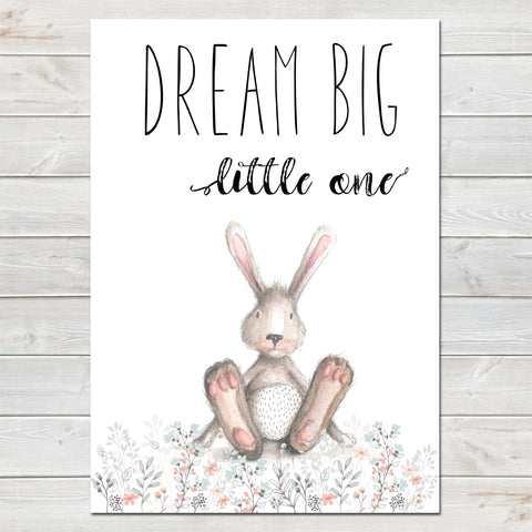 Dream Big Little One Bunny White / Floral Nursery Print