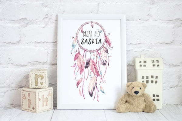 Personalised Dream Big Name Print, Boho Style Dreamcatcher Illustration Nursery Decor