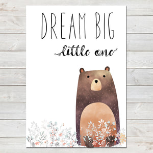 Dream Big Little One Bear White / Floral Nursery Print