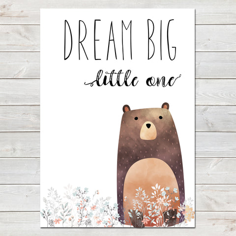 Dream Big Little One Bear White / Floral Nursery Print