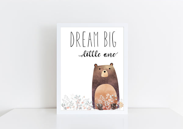 Dream Big Little One Bear White / Floral Nursery Print