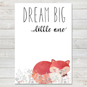 Dream Big Little One Sleeping Fox White / Floral Nursery Print