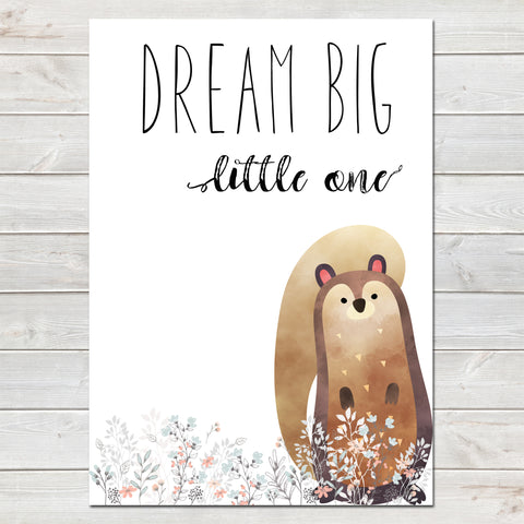 Dream Big Little One Squirrel White / Floral Nursery Print