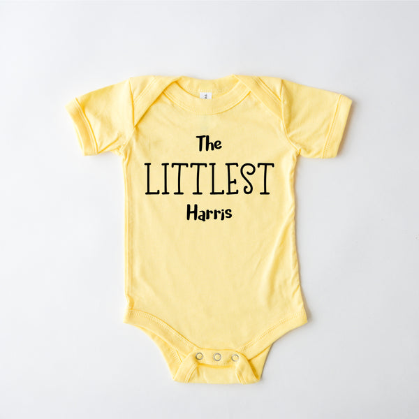 The Littlest, Personalised Short Sleeve, Baby Bodysuit, Pastel Yellow Vest
