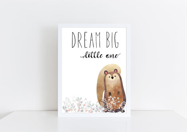 Dream Big Little One Squirrel White / Floral Nursery Print