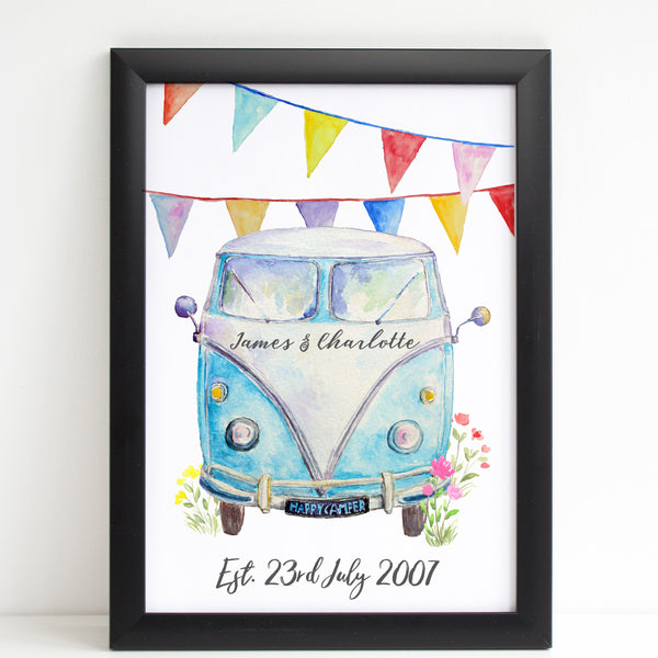 Personalised Campervan with Bunting Print, Wedding/Valentines Gift, Home Decor