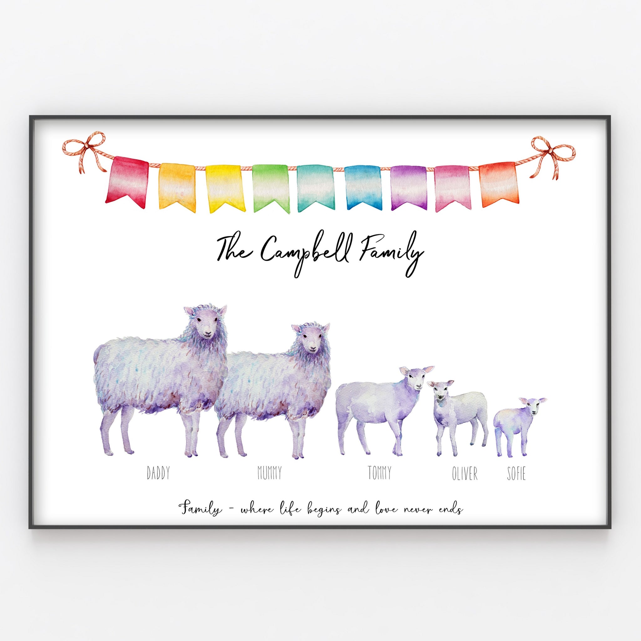 Sheep & Lambs Family Print, Custom Quote, Personalised Wall Art Gift