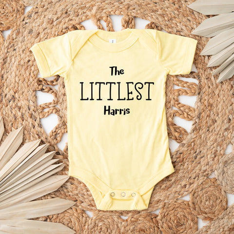 The Littlest, Personalised Short Sleeve, Baby Bodysuit, Pastel Yellow Vest