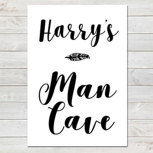 Man Cave Personalised Poster with Feather, Name Print for Kids Bedroom / Nursery