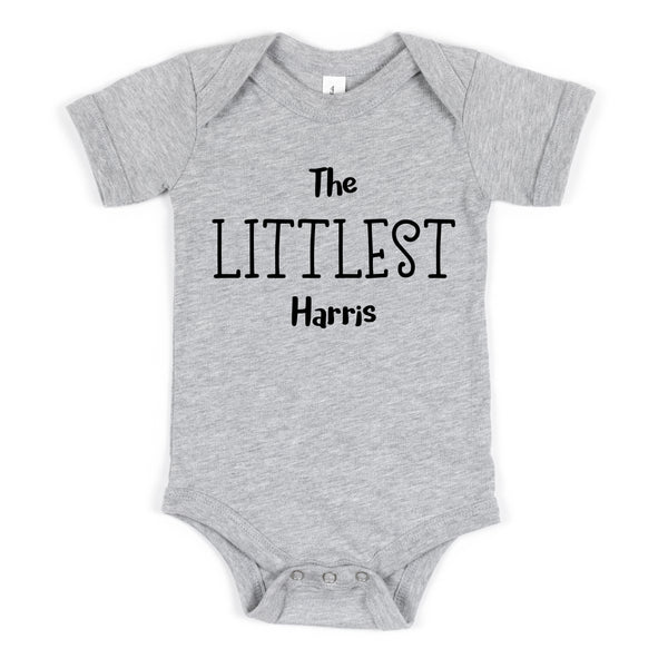 The Littlest, Personalised Family Name, Short Sleeve Baby Bodysuit, Grey Vest
