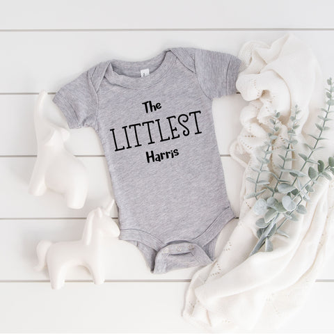 The Littlest, Personalised Family Name, Short Sleeve Baby Bodysuit, Grey Vest