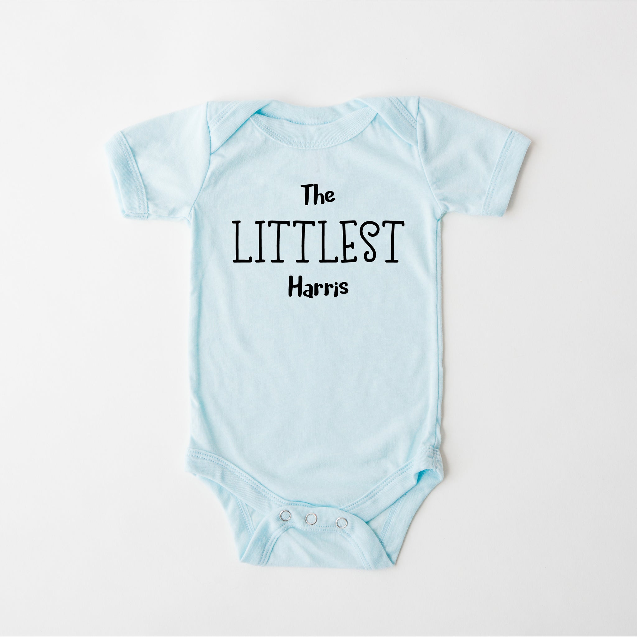 The Littlest, Personalised Family Name Short Sleeve, Baby Bodysuit, Baby Blue Vest