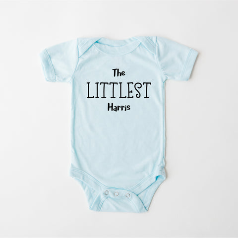 The Littlest, Personalised Family Name Short Sleeve, Baby Bodysuit, Baby Blue Vest