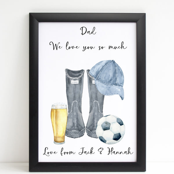 Personalised Wellington Boot Fathers Day Print, Customised Rain Boot Wall Art Gift