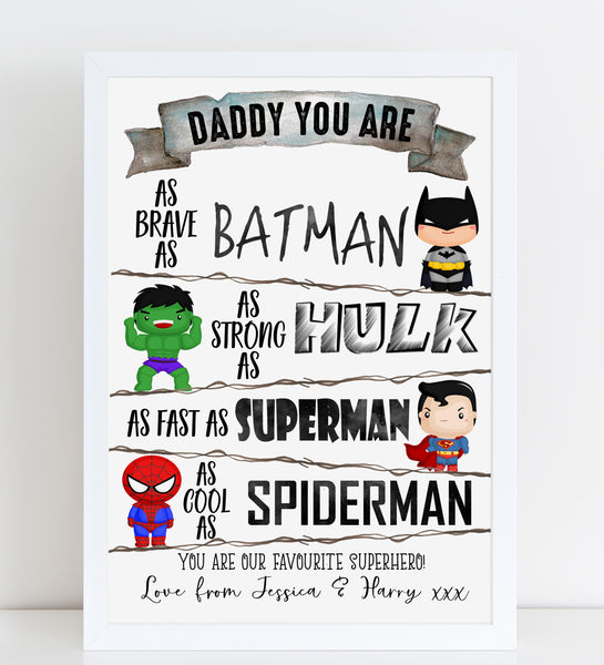 Fathers Day Print Daddy You Are a Superhero Personalised Poster Gift for Dad