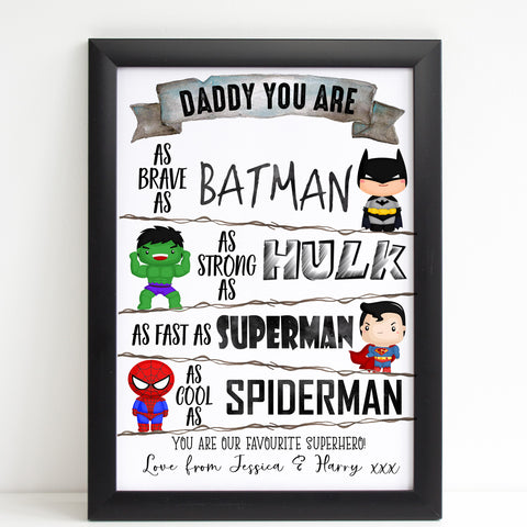 Fathers Day Print Daddy You Are a Superhero Personalised Poster Gift for Dad