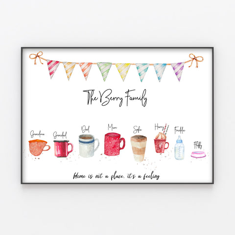 Cups Family Print, Mugs and Drinks, Personalised Wall Art Gift for Home