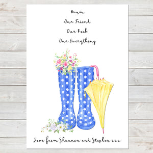 Wellington Boot Mothers Day Print, Personalised Rain Boot Wall Art Gift